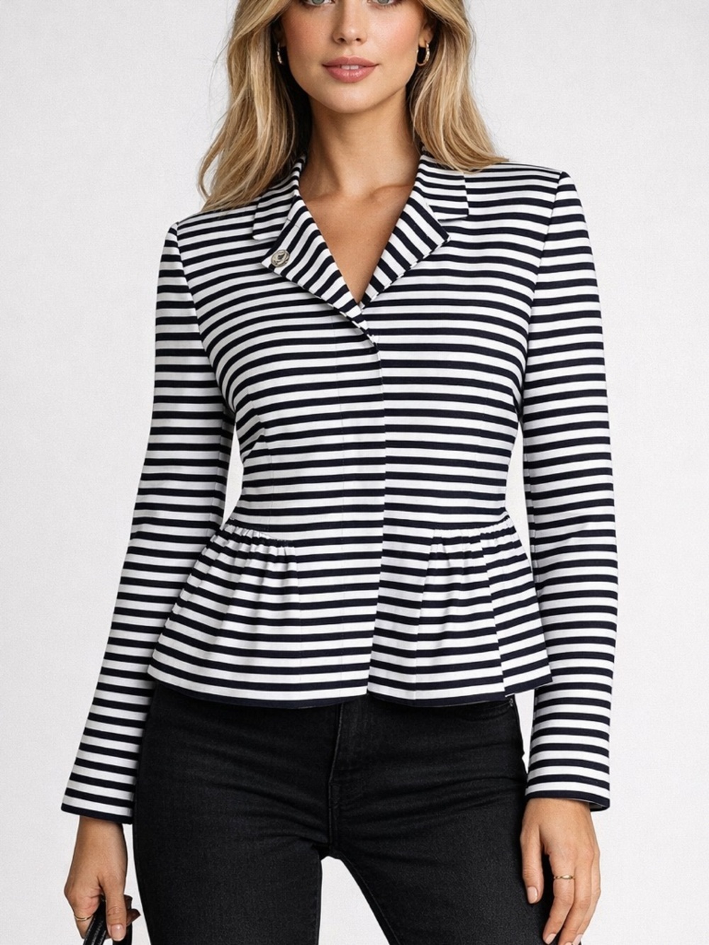 Topshop Navy Blue/White Striped Peplum Snap Button Blazer Jacket